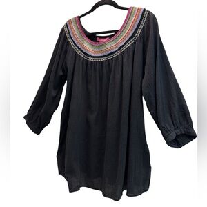 Black Embroidered Neckline Multicolored 100%Cotton 3/4 Sleeve Vintage